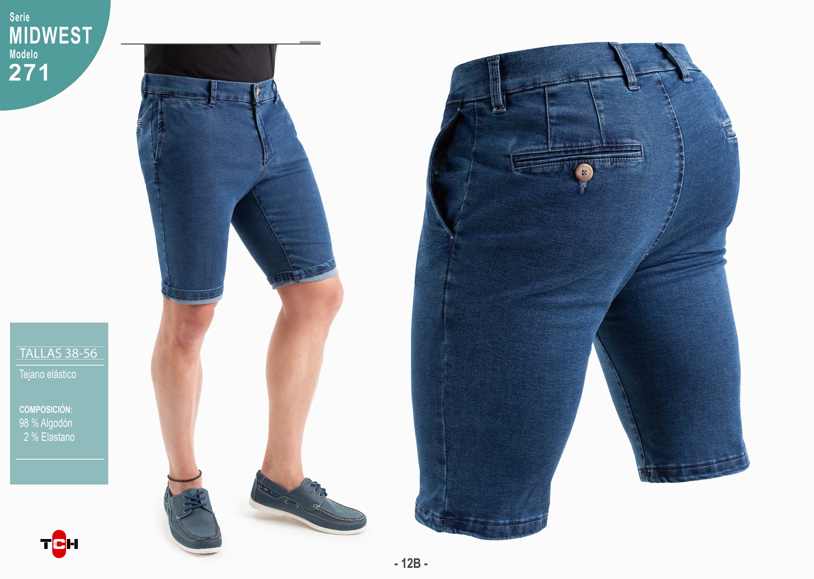 Pantalón corto para hombre, short vaquero en tejido denim azul piedra de algodón con lycra en línea Regular Fit.