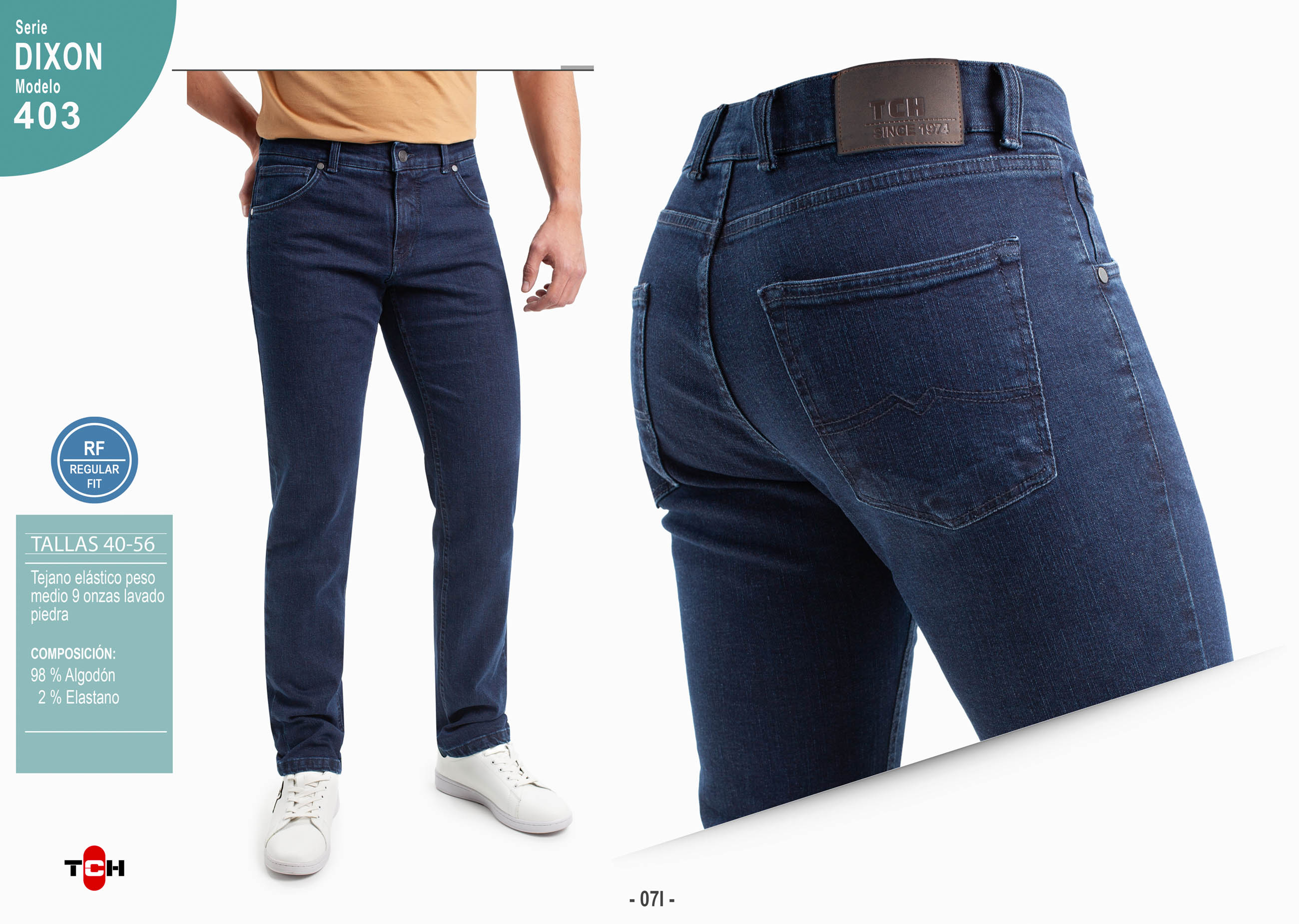 Jeans para hombre, pantalón vaquero en tejido denim azul oscuro de algodón con lycra e hilo al tono Regular Fit.