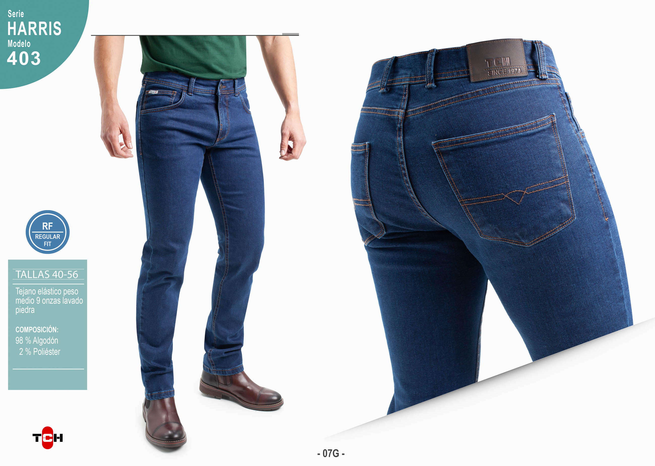 Jeans para hombre, pantalón vaquero en tejido denim azul desgastado piedra de algodón con lycra e hilo a contraste y corte bolsillo en línea Regular Fit.