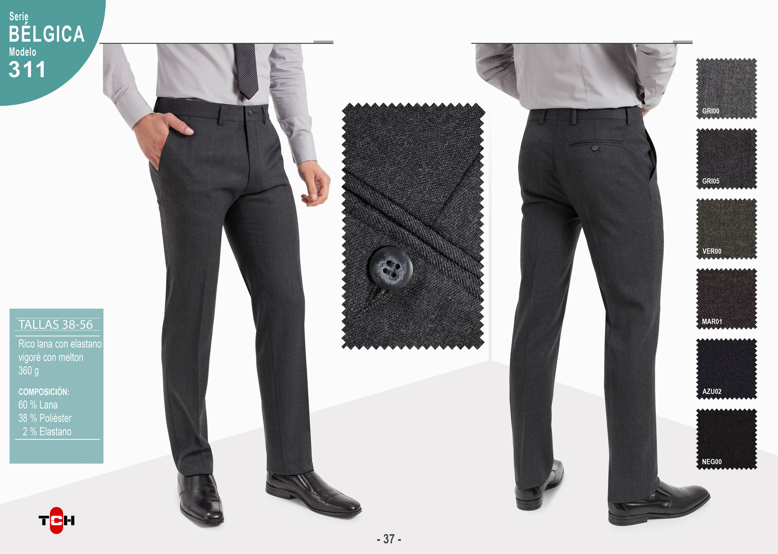 Pantalón TCH de vestir clásico en Rico Lana Vigoré con Lycra sin pinzas delanteras. Pantalón para hombre de estilo elegante clásico de vestir, fabricado en tejido de poliéster-lana, tipo melton, con 2 bolsillos traseros de doble vivo. Disponible en 6 colores, muy cómodo y agradable para los meses mas frescos. Línea Regular Fit.