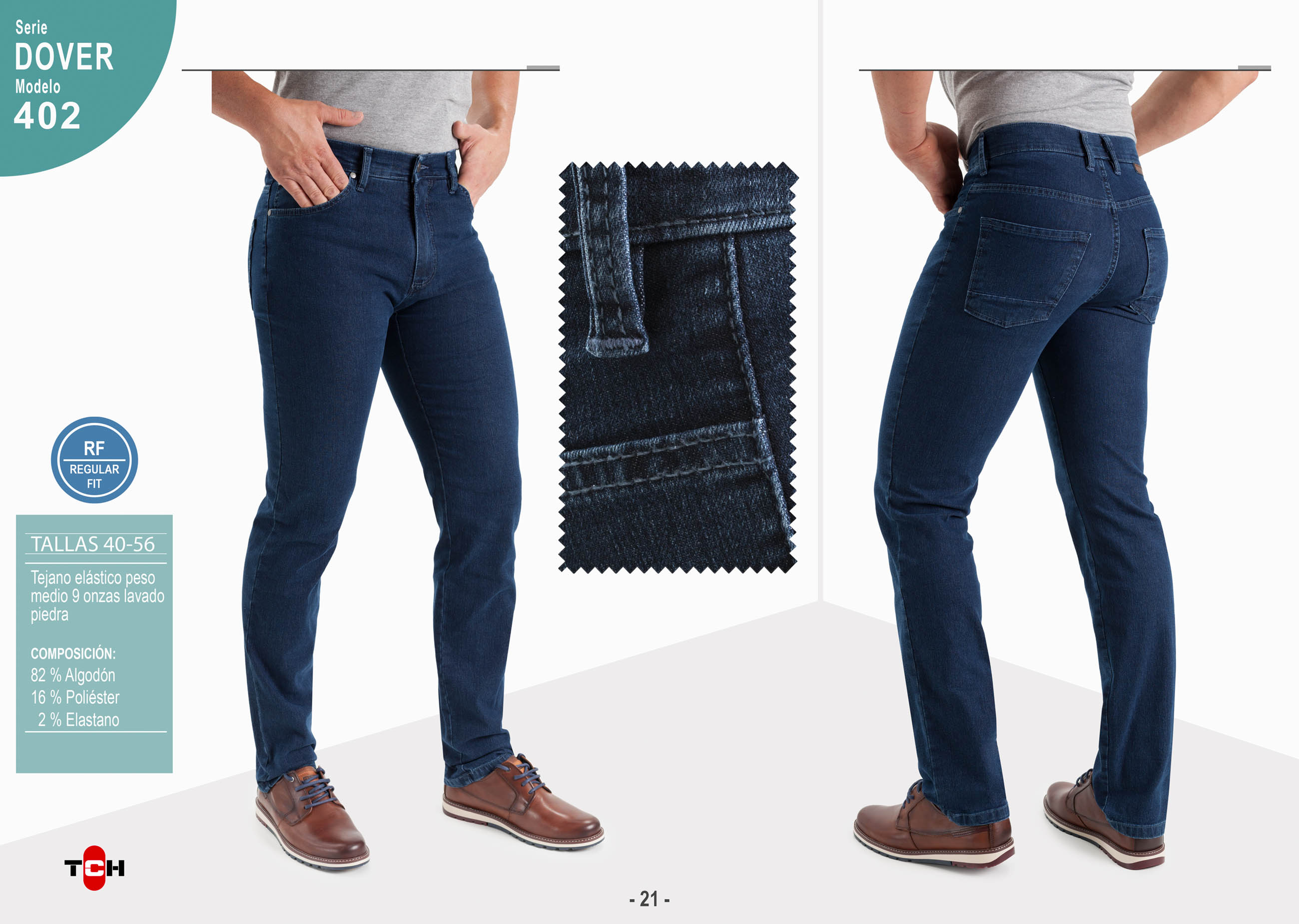 Jeans para hombre en tejido vaquero azul medio elástico, denim con remaches de adorno. Regular Fit