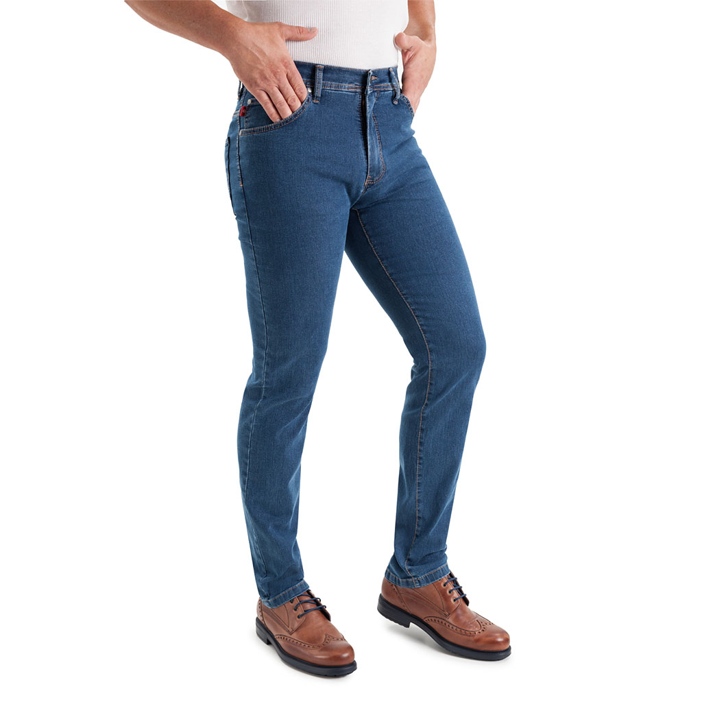 Jeans para hombre, pantalón vaquero en tejido denim azul piedra de algodón con lycra e hilo a contraste en línea Regular Fit.