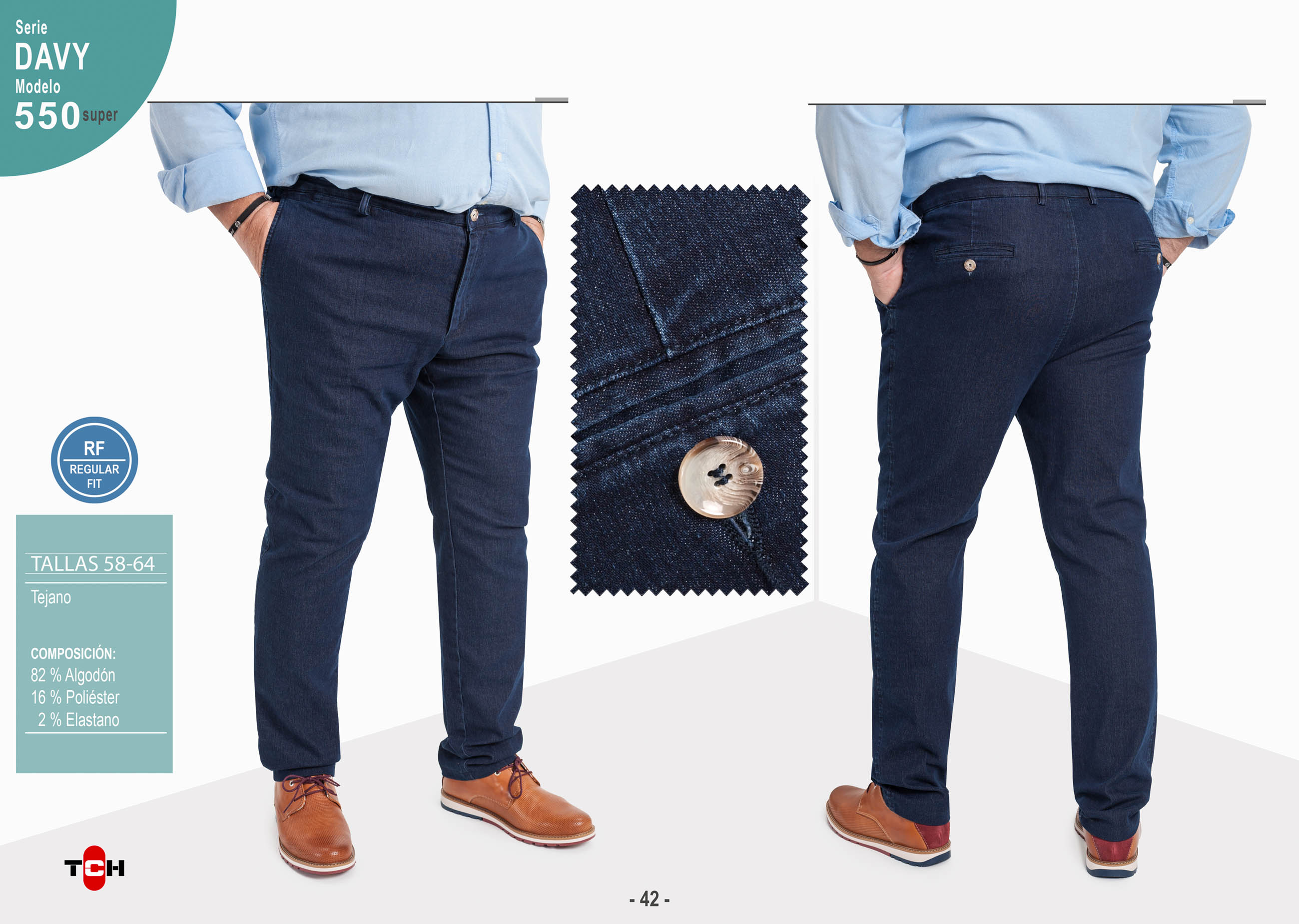 Pantalón de hombre TCH Casual Sport de tallas grandes, tipo chino tejido vaquero denim azul de  algodón, poliester con lycra REGULAR fabricado en España.