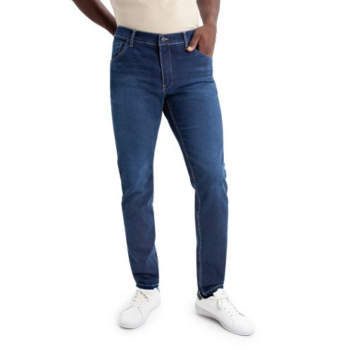 Color azul con roces y desgastes - Jeans de hombre, pantalón vaquero en tejido denim azul lavado con desgastes de algodón con lycra e hilo a contraste en línea Slim Fit.